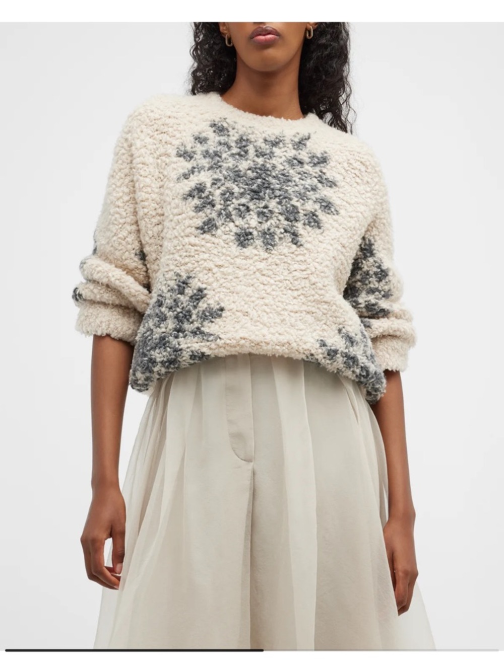 Brunello Cucinelli Cashmere made in Italy Cream & Gray Snowflake Bouclé Sweater